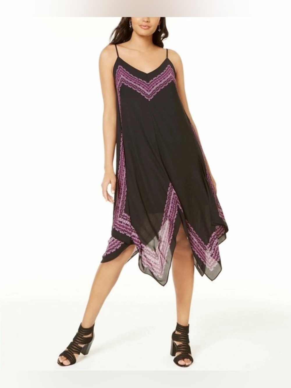 Black Handkerchief Hem Dress with Pink Chevron Trim